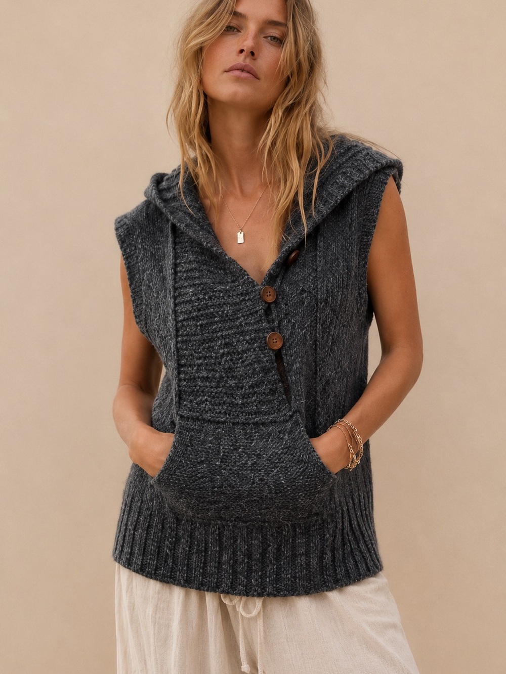 Free People Wool Hooded Knit Tunic Sweater XS Charcoal Cottagecore